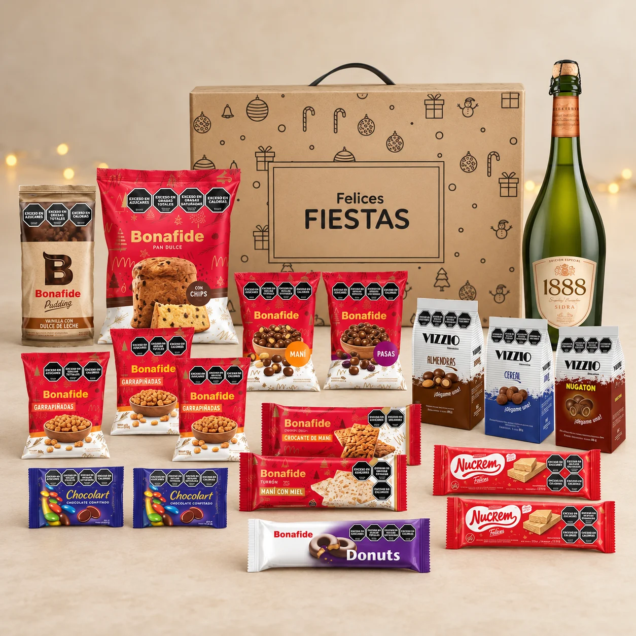Bonafide Mix 1: caja Felices Fiestas con productos Bonafide.