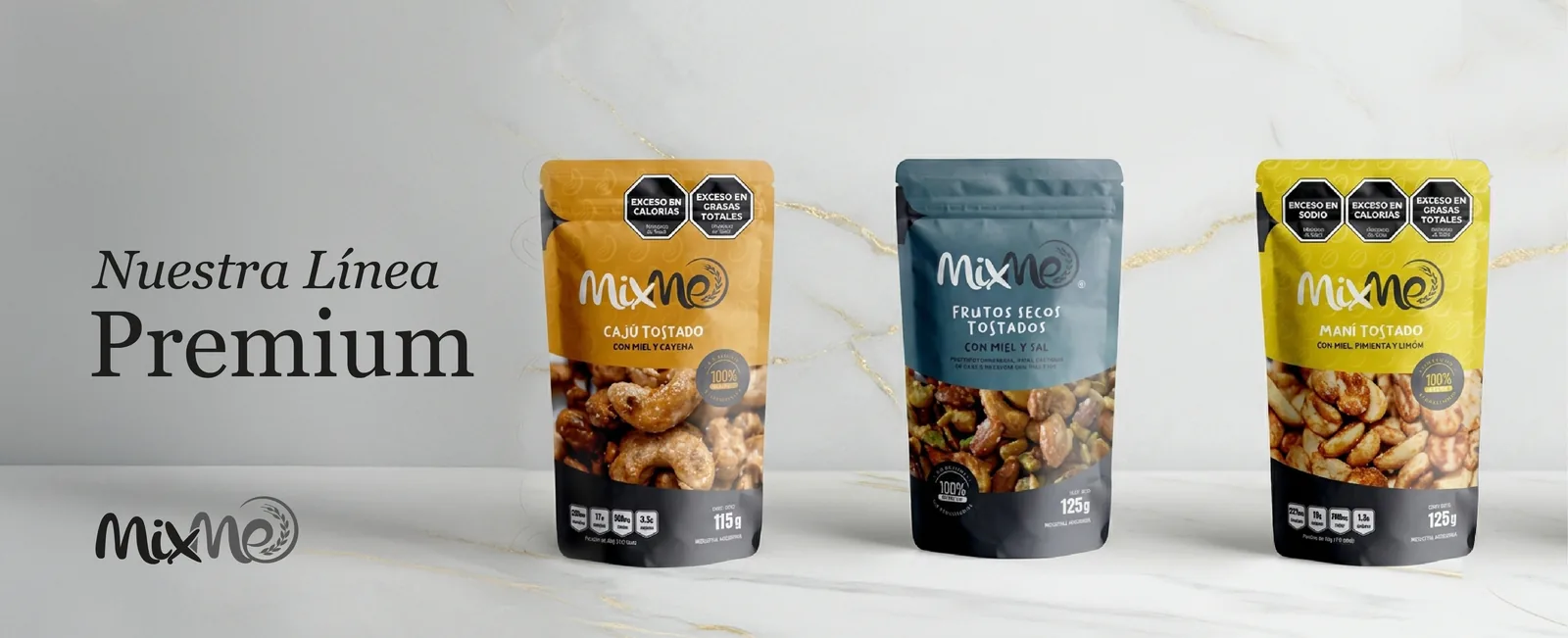 Nuestra línea premium MixMe: cajú tostado, frutos secos tostados y maní tostado.