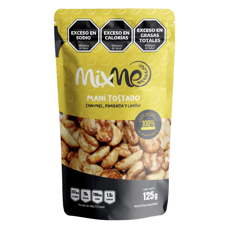 Envase de Maní tostado con miel, pimienta y limón MixMe, 125 g.
