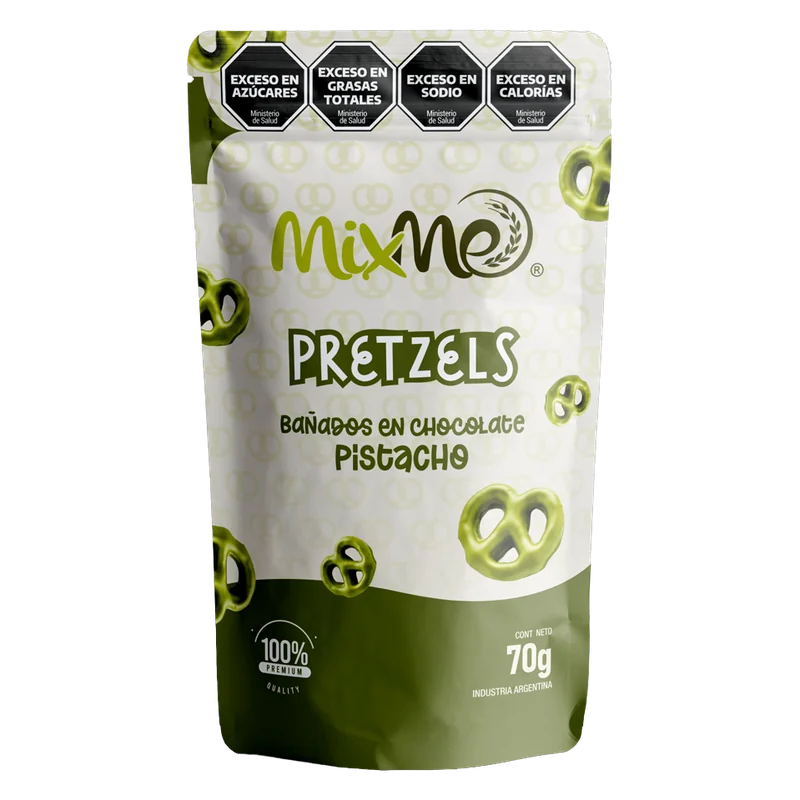 Envase de Pretzels bañados en chocolate pistacho MixMe, 70 g.